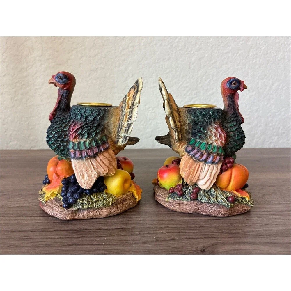 Vintage Set Of Two Thanksgiving Turkey Taper Candle Holder, Ceramic, Color Decor